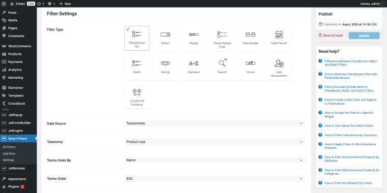 creating a checkbox list filter for the sizes attribute