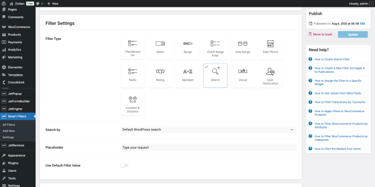 search filter type settings