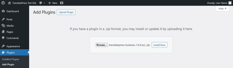 manual uploading and installation of TranslatePress Pro