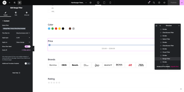 range filter widget settings