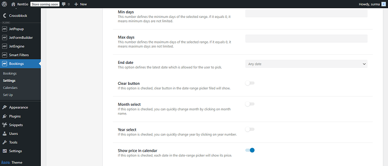 show price in calendar toggle is on