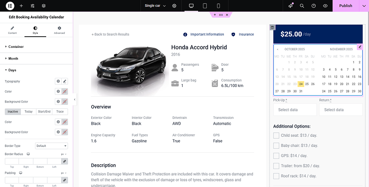 style settings of the booking availability calendar