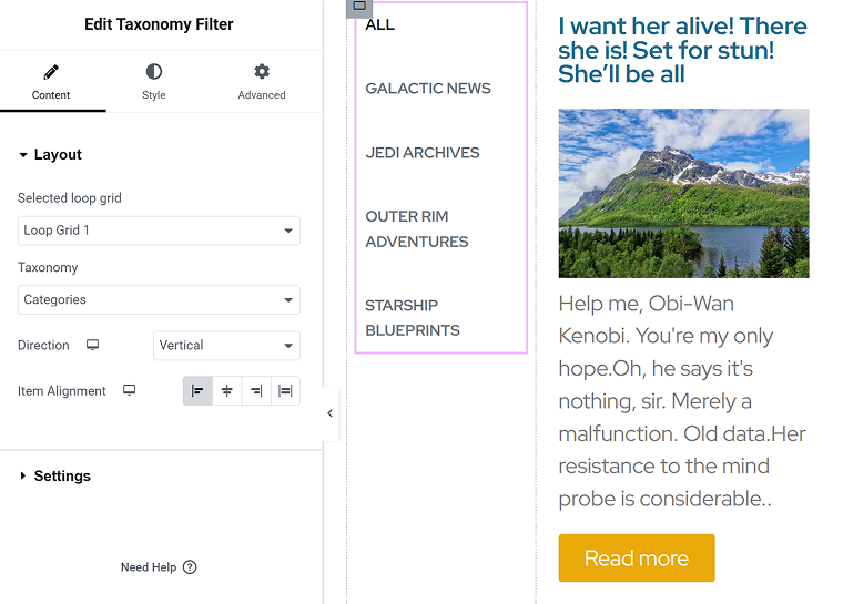Elementor taxonomy filter layout