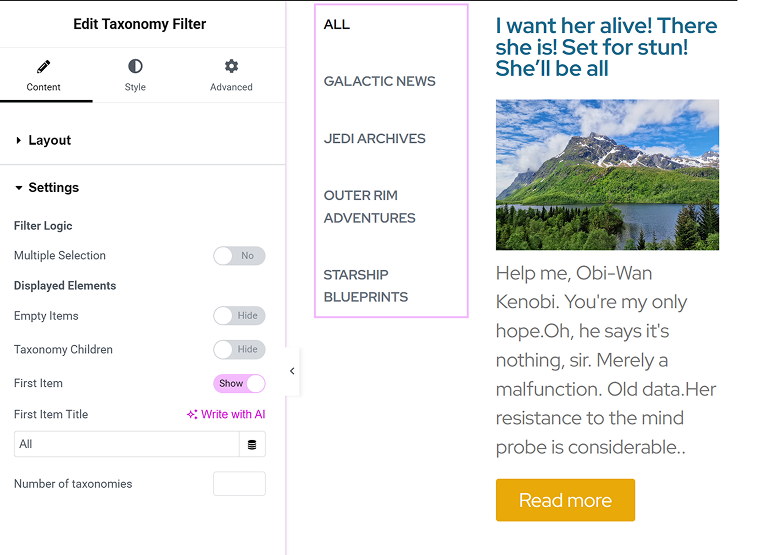 Elementor taxonomy filter settings