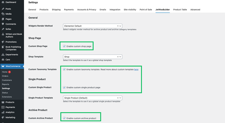 WooCommerce custom template settings
