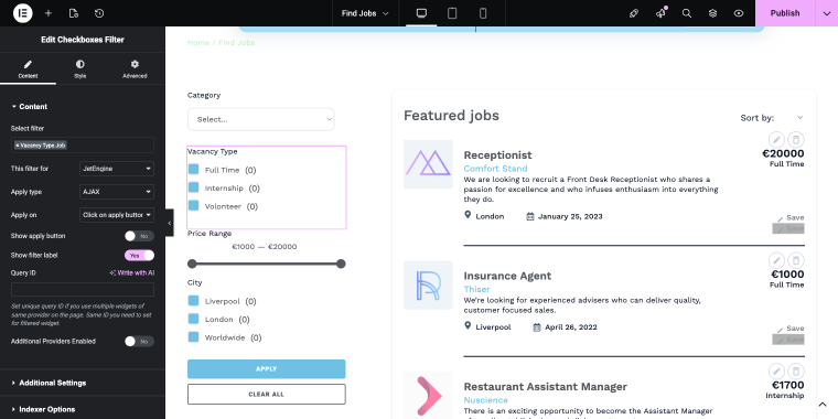 checkboxes list filter for vacancy type on the front end