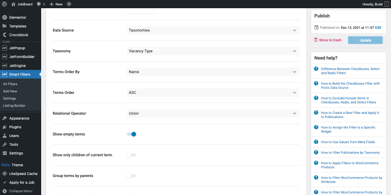 checkboxes list filter for vacancy type taxonomy