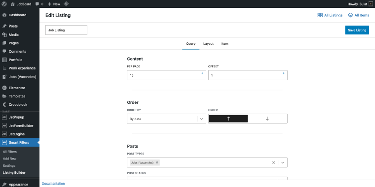 query tab of the listing builder
