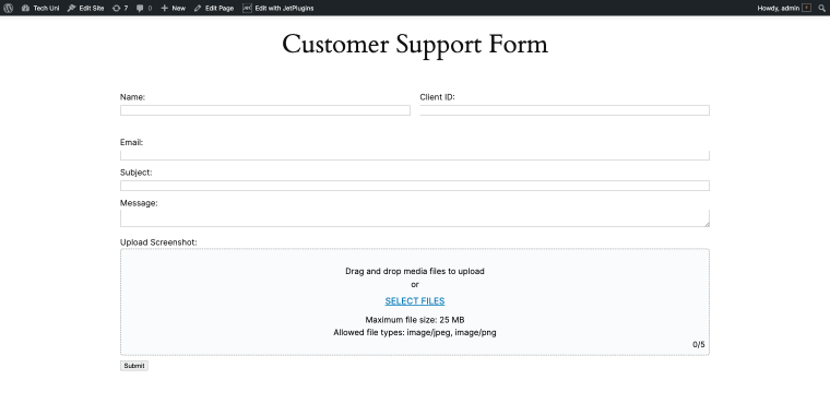 front-end drag and drop file upload block customer support portal