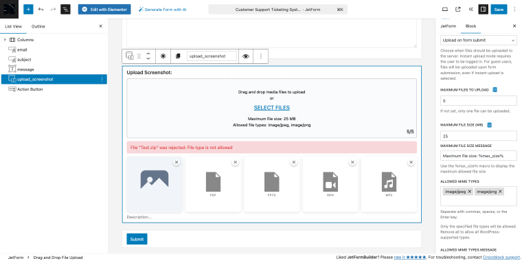 drag and drop file upload block customer support portal