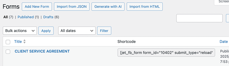 copy the shortcode in jetformbuilder forms