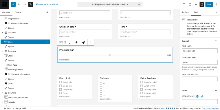 range field as a price per night selector
