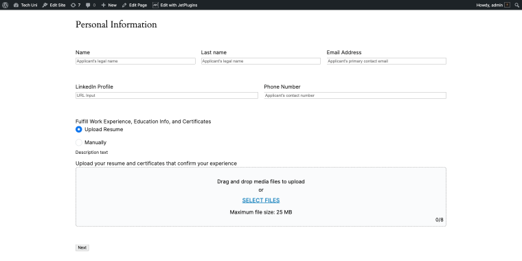 job application form front-end