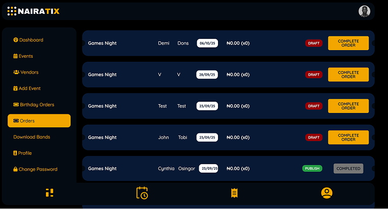 orders dashboard section