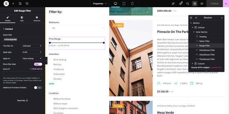 range filter widget on the front end