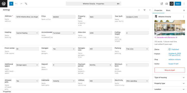 property listing cpt custom fields