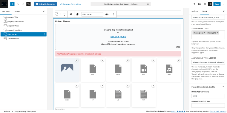 drag and drop file upload block real estate form