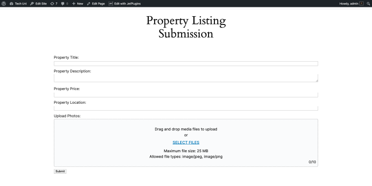 drag and drop file upload block real estate form front end