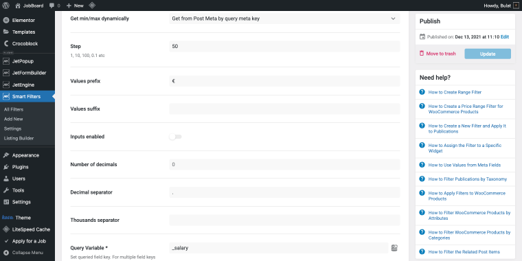 creating the range filter for salary