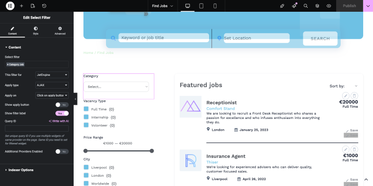 select filter for job categories on the front end