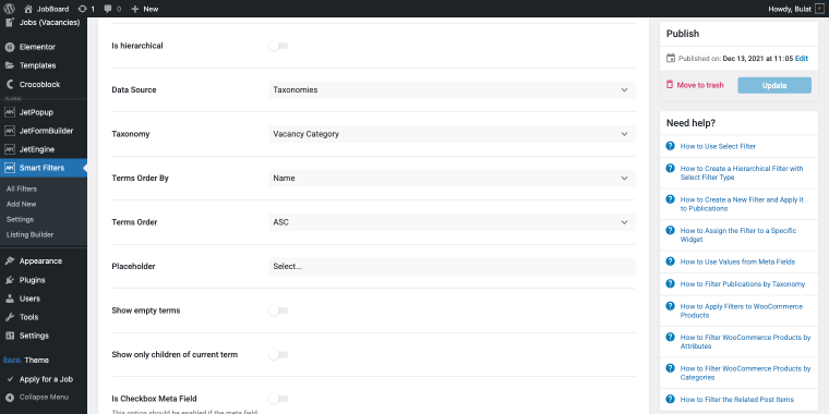 creating a select filter for job categories