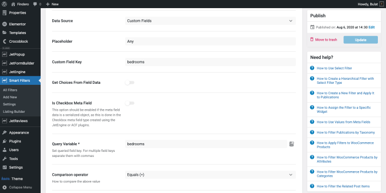 select filter settings