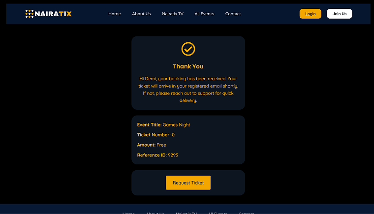 event booking form thank you page