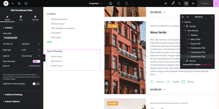 checkboxes filter for housing type on the front end