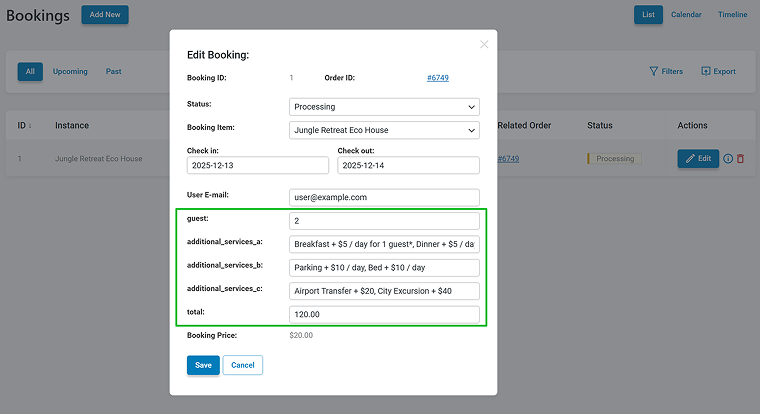 JetBookings extra columns