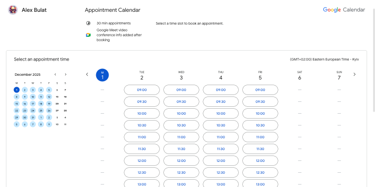 Google Calendar booking page