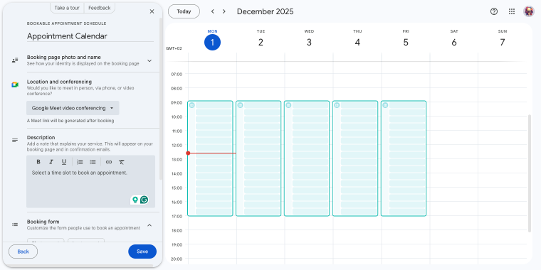 creating a Google Calendar booking page, second page