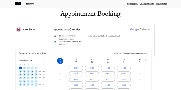 Google Calendar booking page embedded