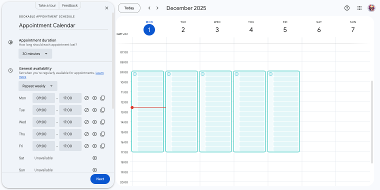 creating a Google Calendar booking page