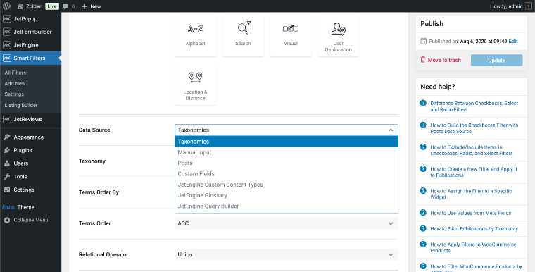 checkbox filter for product category data source