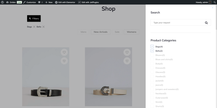 checkboxes filter for product category