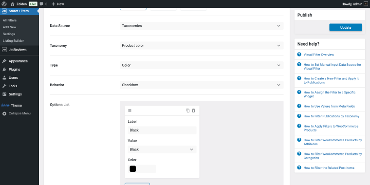 color filter settings