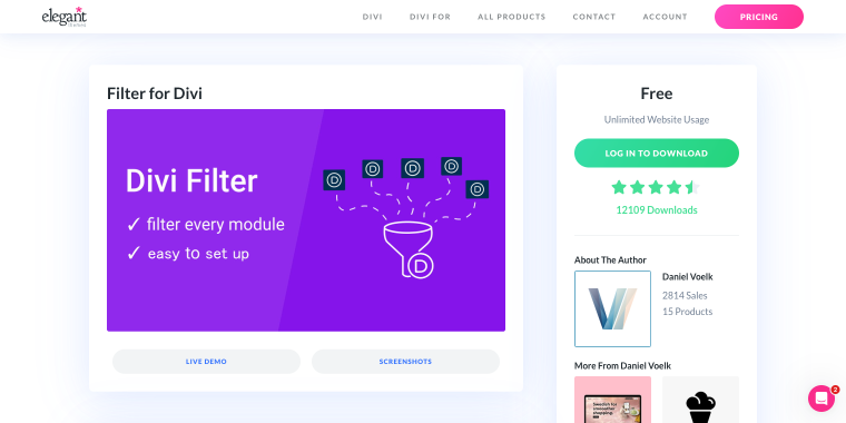 filter for Divi plugin homepage