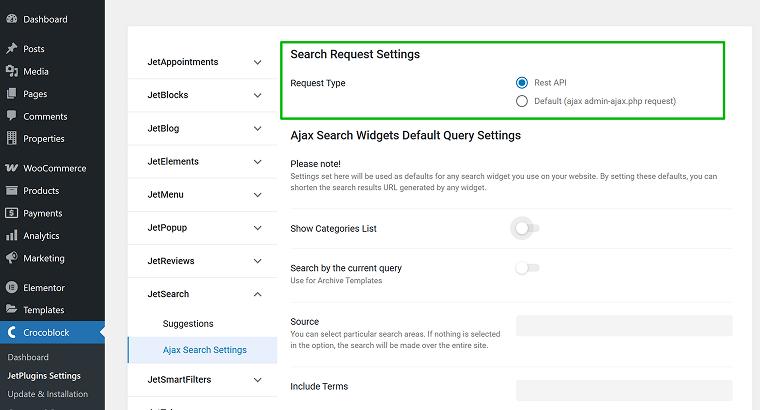 JetSearch request settings AJAX