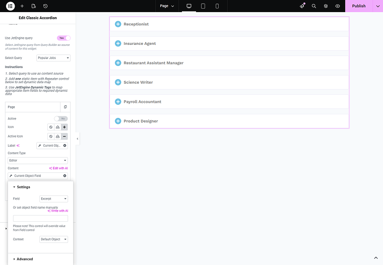 content for the accordion tabs is set
