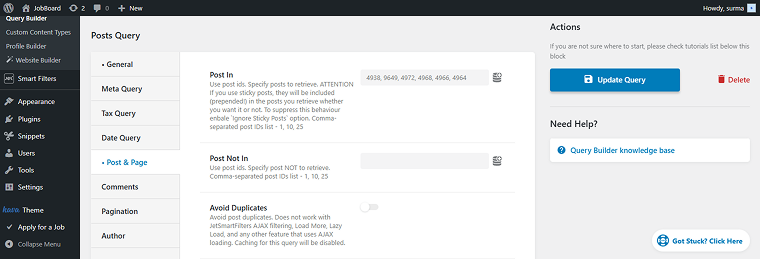 IDs of posts to display in the posts query