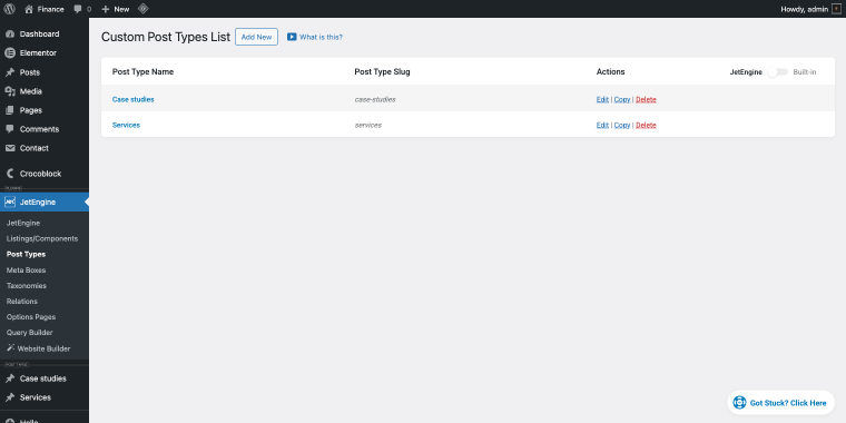 custom post types list section