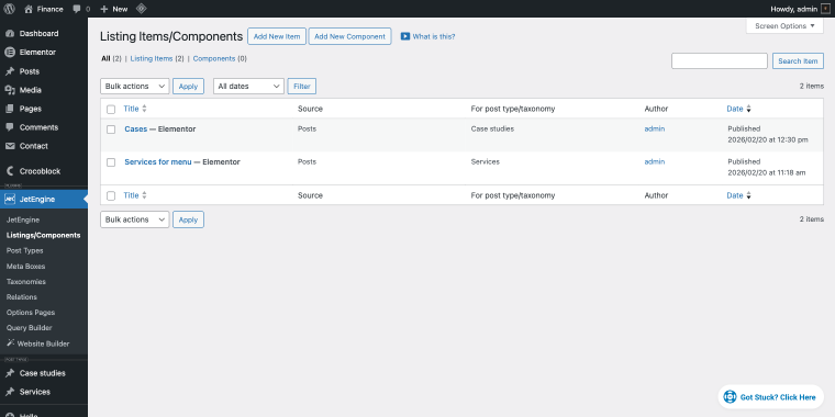 listing items/components section