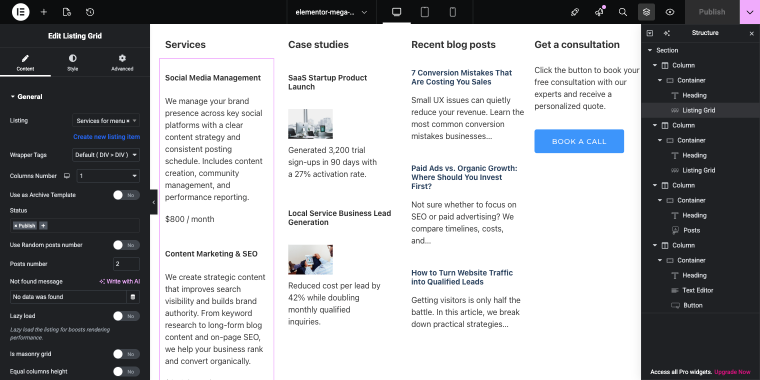 listing grid widget settings