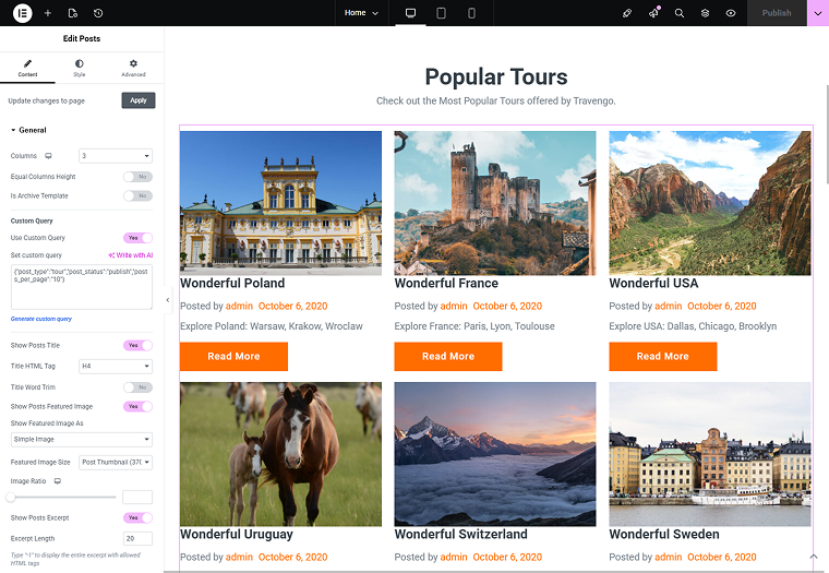 posts widget with the custom query source