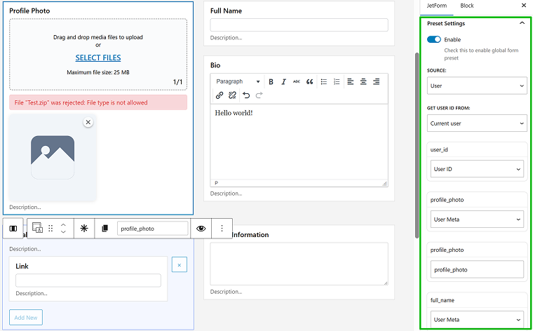 user preset settings