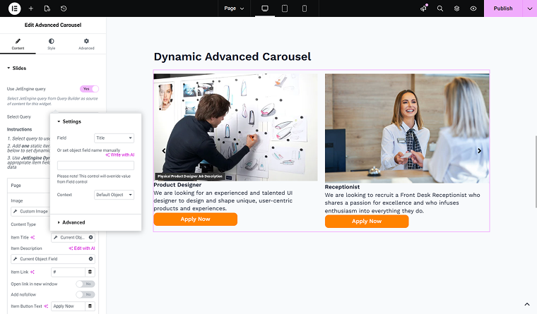 retrieve data dynamically inside the advanced carouse