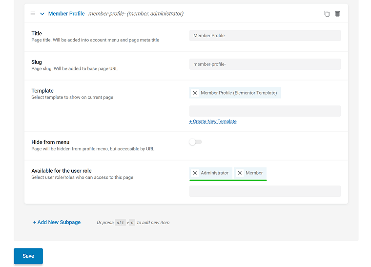 subpage visibility