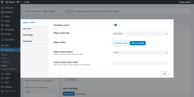 use mega content toggle