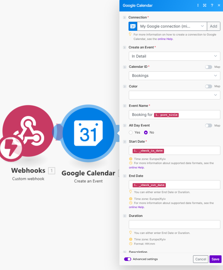 google calendar module settings in make