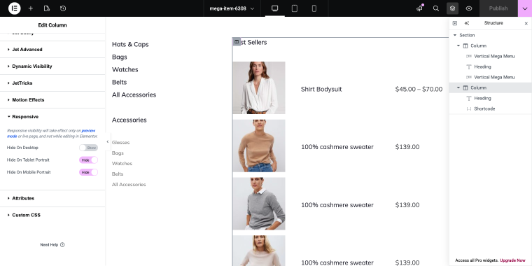 responsive menu item settings
